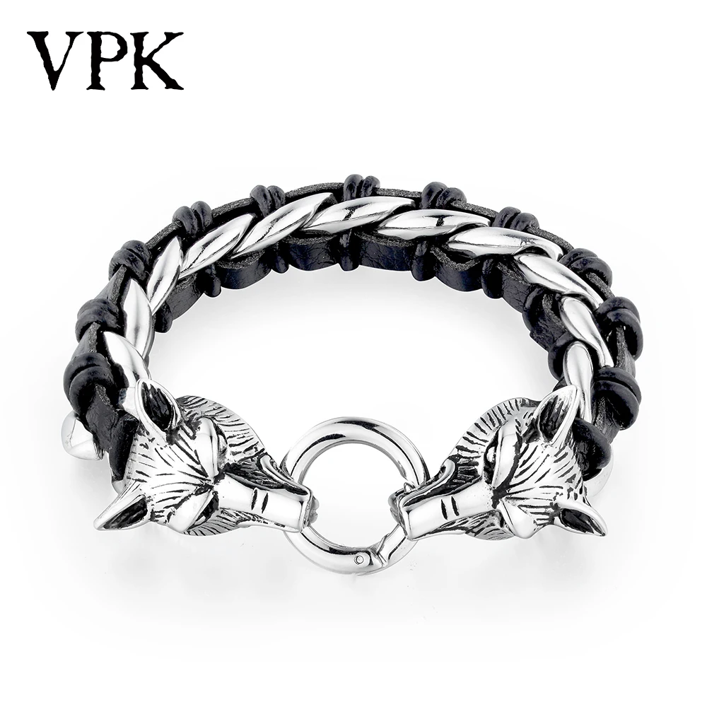 VPK 2019 new Wolf head leather woven titanium steel 316l bracelet Fashion Punk Rock hot sale Jewelry | Украшения и аксессуары