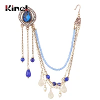 kinel indian jewelry earring link headdress women antique gold blue natural stone tassel earrings vintage wedding accessories