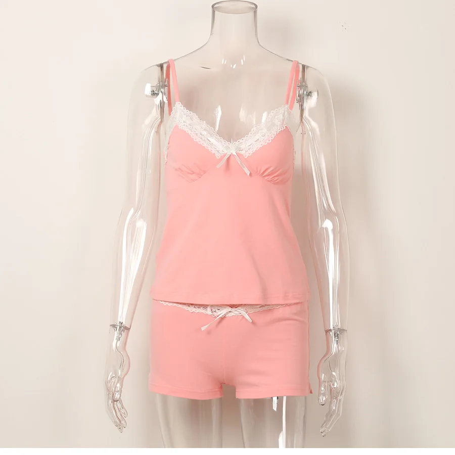 Женский хлопковый пижамный комплект с кружевом топ на бретельках спагетти и