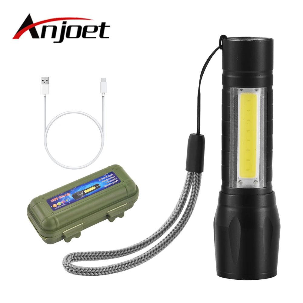 

Anjoet USB Rechargeable Powerful Flashlight Built in Battery XPE+COB LED Flash Light Zoomable Tactical Torch Lamp+Battery+Box