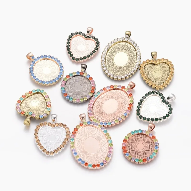 

10pcs Alloy Rhinestone Pendants Cabochons Settings DIY Jewelry Necklaces Making Crafts Mulit-Color Flat Round Drop Mixed Color