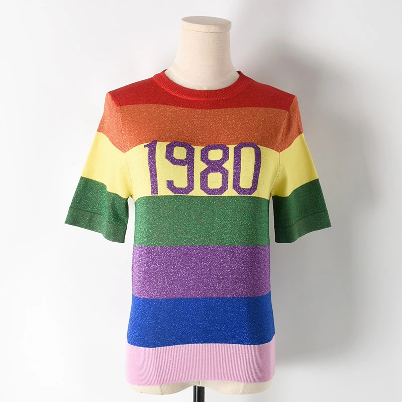 2019 Summer New Fashion Rainbow Striped Women Short Sleeve Knitted Tops Tee Harajuku Sequin Top Camisetas Office Lady | Женская одежда
