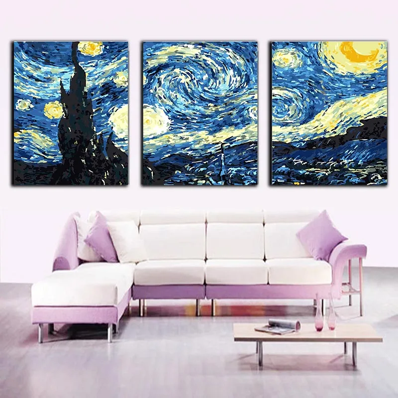 5 Starry sky DIY масляная краска по номерам деревья листья Триптих картинки животные абстрактная краска Настенная Наклейка раскраска пейзаж подарок домашний декор - Цвет: 5 Starry sky