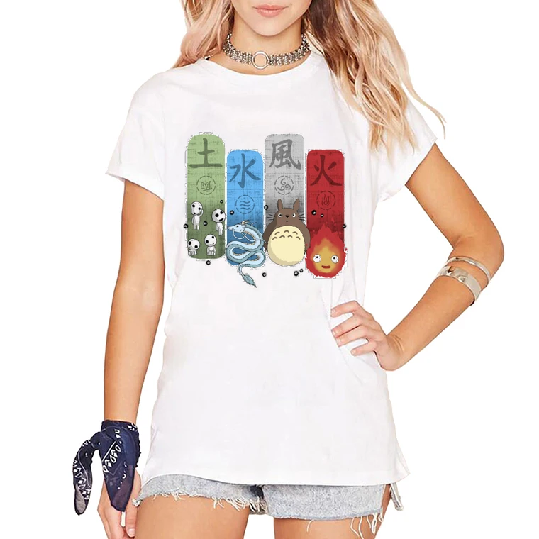 

Women Cute Anime t-shirts Ghibli Elemental Charms Kanji Monsters Printing Tshirt Short Sleeve Hipster Comics tee