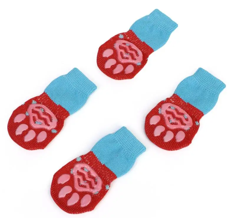 Dropshipping 4pcs/set Socks For Dogs Indoor Pet Cat Shoes Soft Cotton Anti-slip Knit Weave Warm Skid Bottom Products For Animals - Цвет: Синий