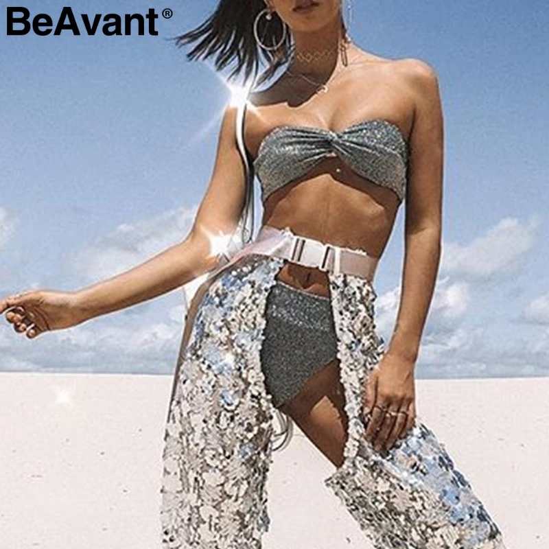 

BeAvant High waist strapless sexy swimsuit women Bow tie beach summer swimsuit Two piece bikini set shiny fashion swimwear beach