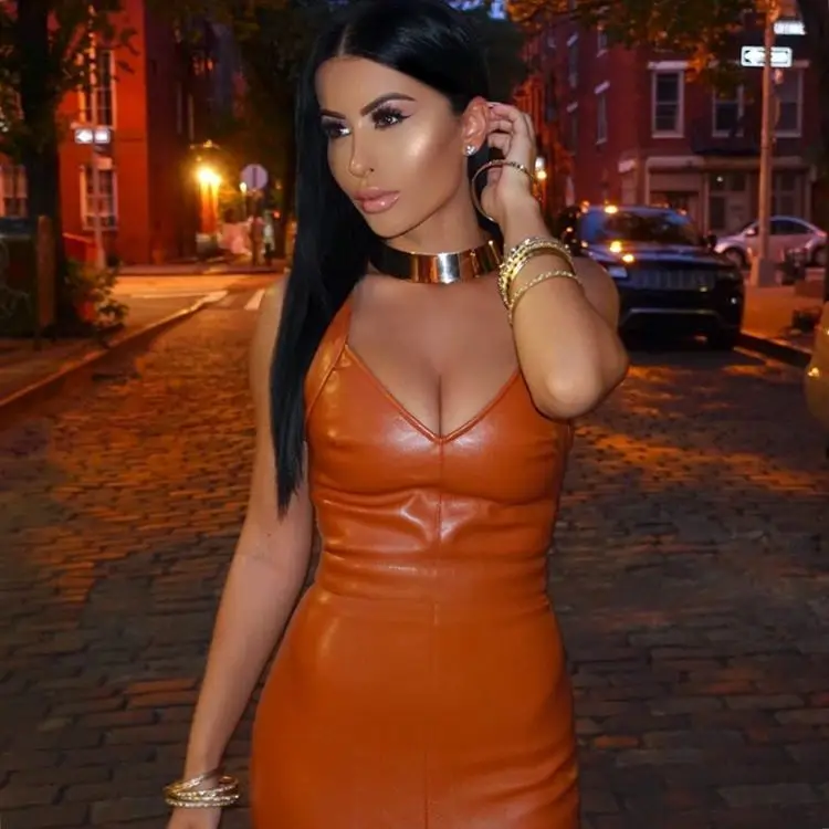 NICOLE BELLE2019new Мода знаменитостей Подиум pu платье Оранжевый v образный вырез клинья