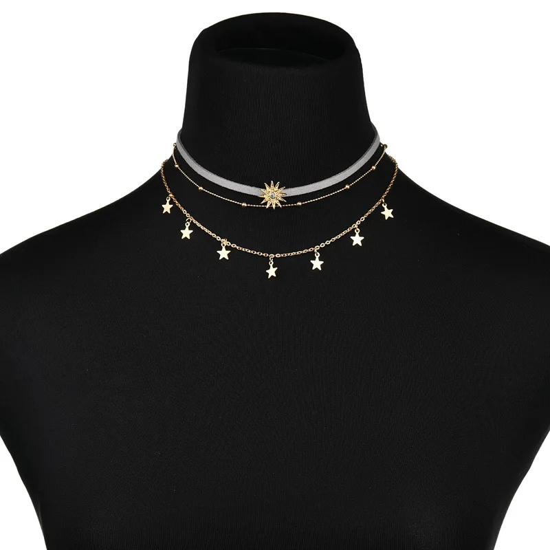 

1 PC Fashion stars moon multi-layer necklace three-layer clavicle chain personality female jewelry