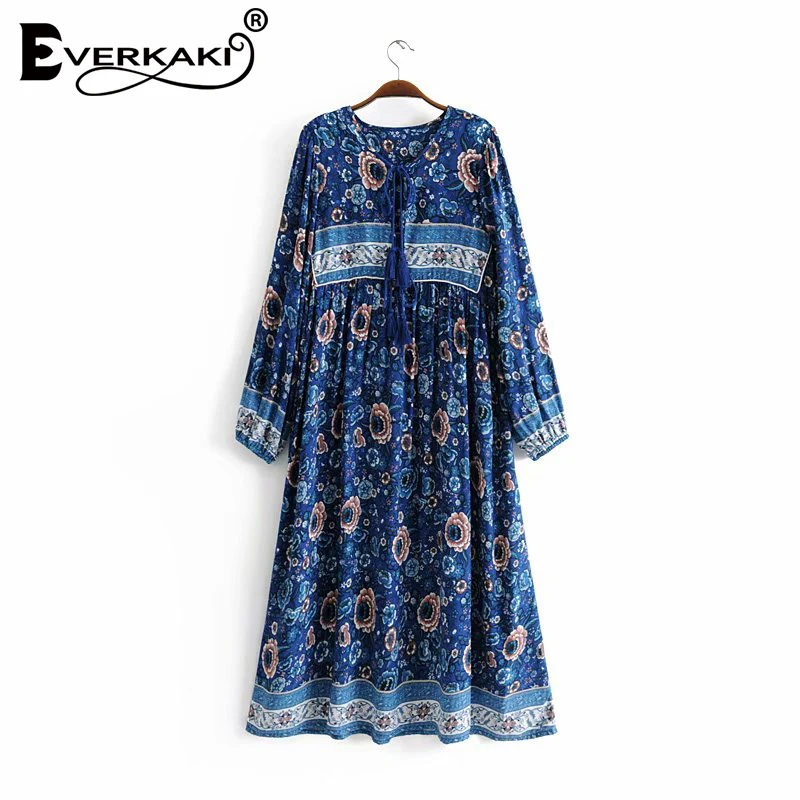 Everkaki Gypsy длинное женское платье с кисточками в стиле бохо длинным рукавом круглым