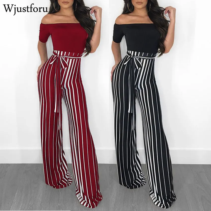 Wjustforu Slash Neck Wide Leg Jumpsuit Elegant Casual Women Bandage Striped Off Shoulder Fashion Sexy Female | Женская одежда