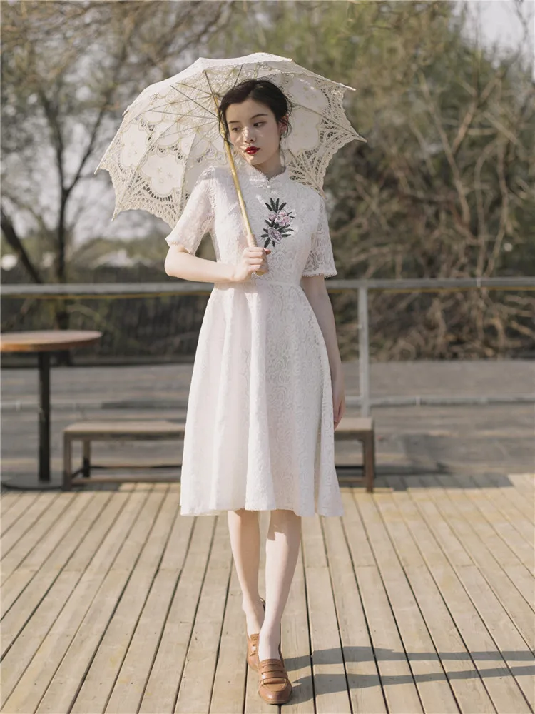 Короткое стильное традиционное китайское платье cheongsam белое женское элегантное платье из вискозы qipao поступление vestido
