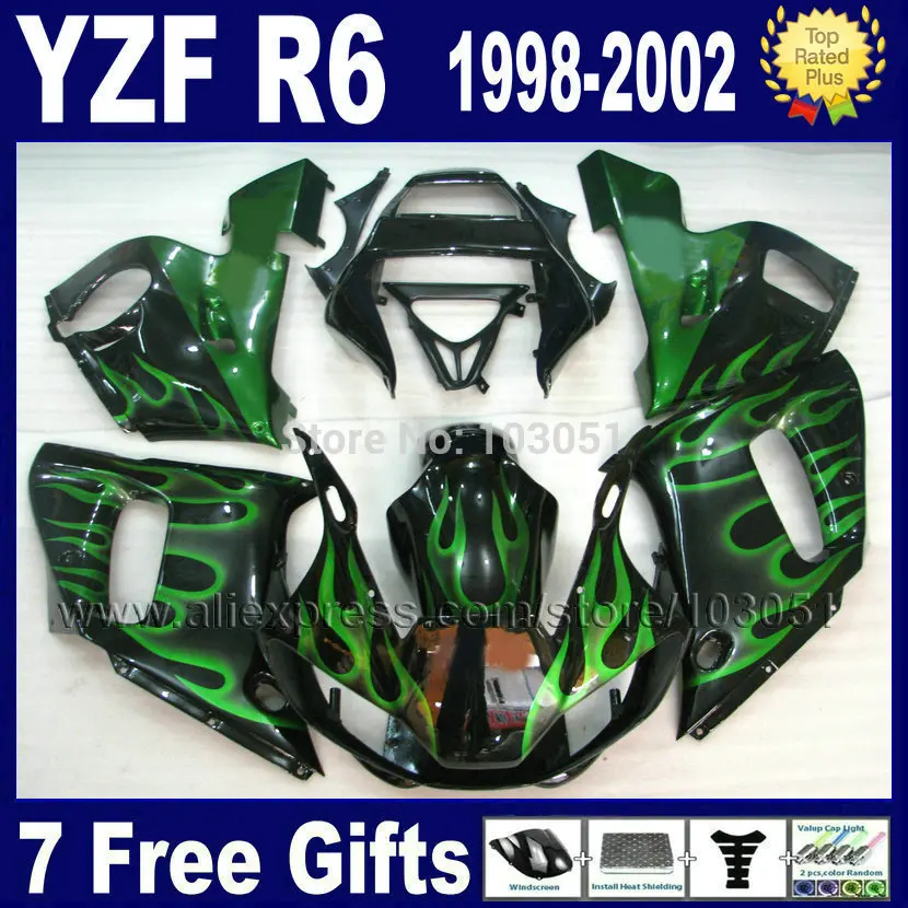 

Custom Road fairings for YAMAHA 1998 1999 2001 2002 R6 green flame YZF R6 98 99 00 01 02 bodywork ABS Fairing set