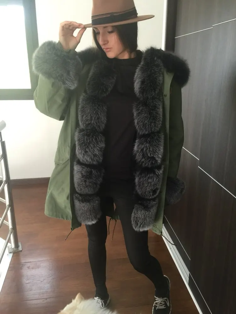 Женская парка с подкладкой из натурального Лисьего меха|real fox fur|genuine furfox fur |