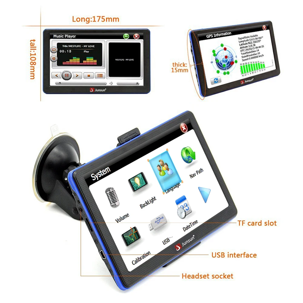 Навигаторы junsun 7 дюймов hd автомобильный gps навигации fm mp3/mp4 плееры навител/европа