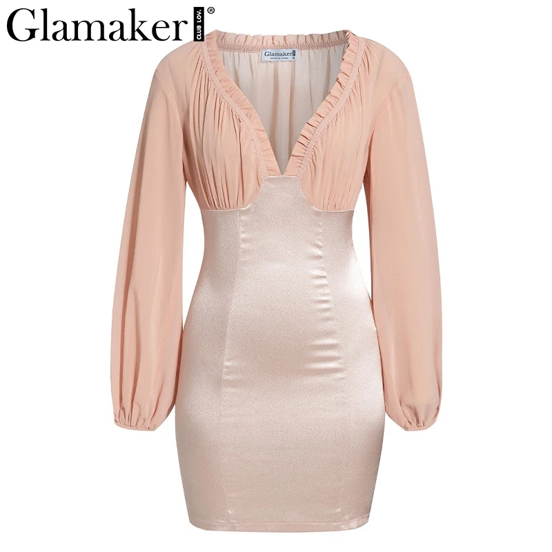 Light pink Glamaker, сексуальное сатиновое пляжное короткое платье с рукавом-фонариком, женское облегающее мини-платье с v-образным вырезом для вечеринки, лоскутное, с оборками, Элегантное летнее платье - Цвет: Light pink