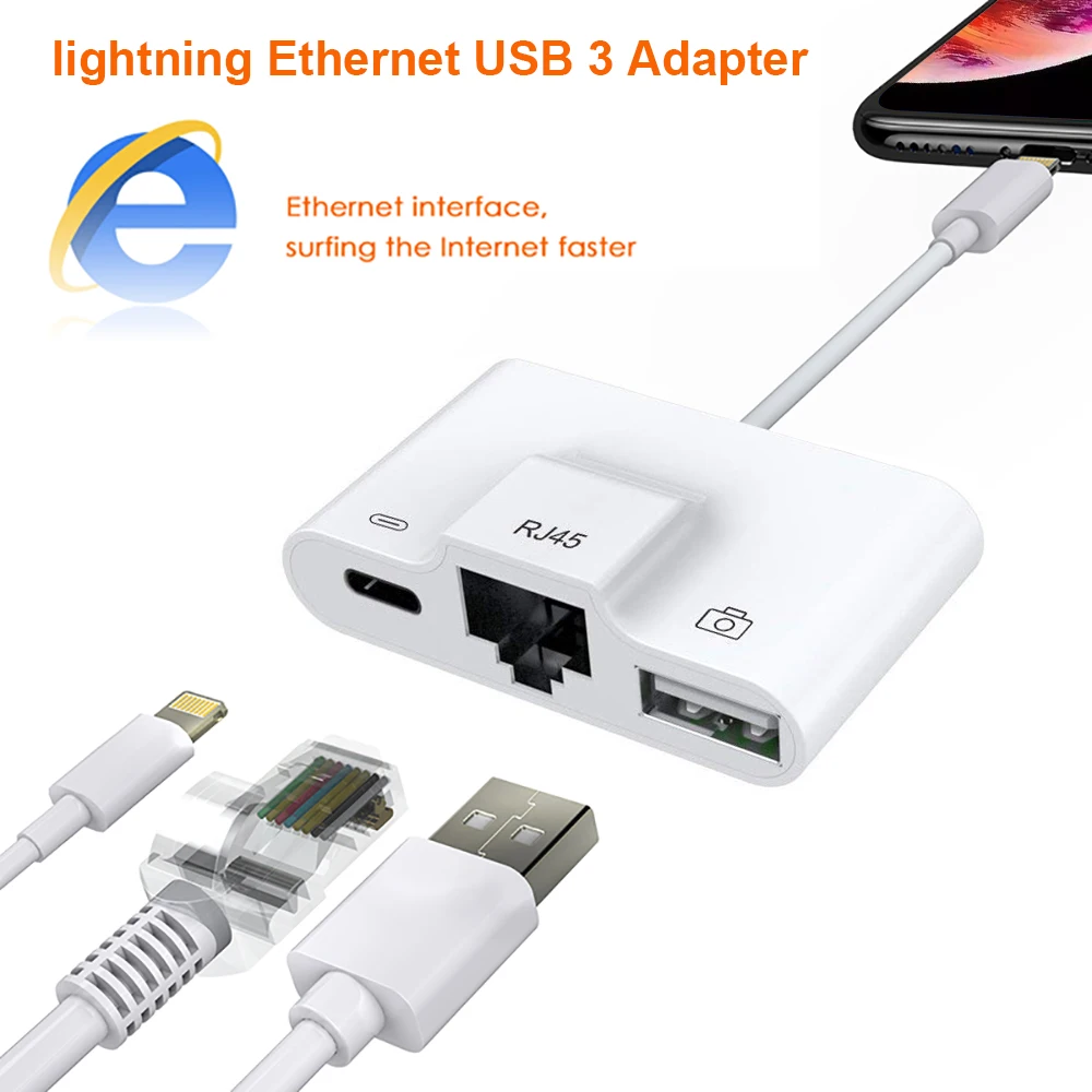 Для iphone/iPad адаптер от apple интерфейс RJ45 коммутатора Ethernet 10/100 Мбит/с конвертер зарядный кабель/USB 3,0 Камера считыватель Порты и разъёмы 3