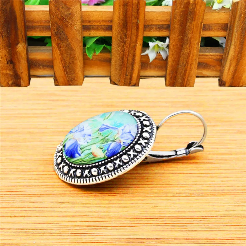 Oval Acrylic Daffodil Flower Earrings Vintage Pendant For Women Antique Silver Plated Fashion Jewelry TE446 | Украшения и