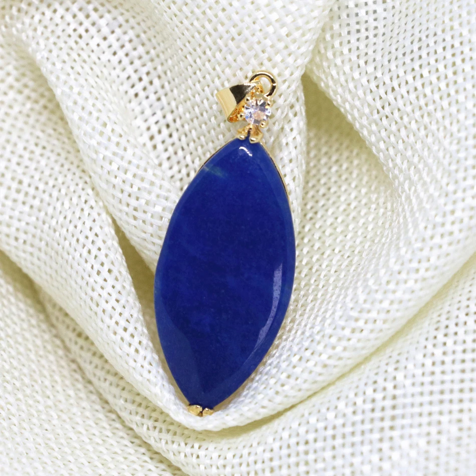 Wholesale Women Oval Drop Pendant Blue Natural Stone Chalcedony Lapis Lazuli Fashion Elegant Gold-color Jewelry 18*38mm B1874 | Украшения и