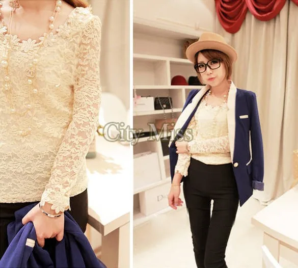 2014 new HOT White/Black/Apricot Women Lace Sleeve Chiffon Blouse Shirt Tops Gorgeous Shirts Long Embroidery B3 SV000718 |