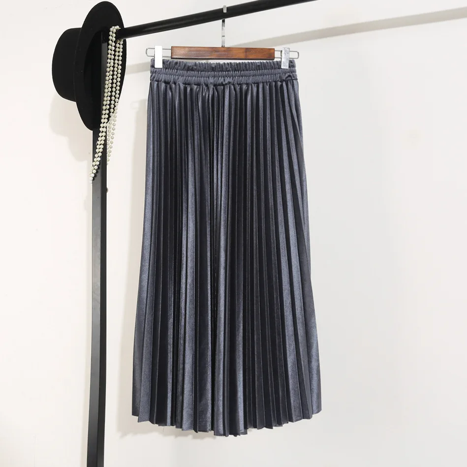blue-grey PEONFLY 13 стильные юбки из искусственной кожи женские осенние зимние элегантные длинные плиссированные юбки женские юбки из искусственной кожи с высокой талией женские - Цвет: blue-grey