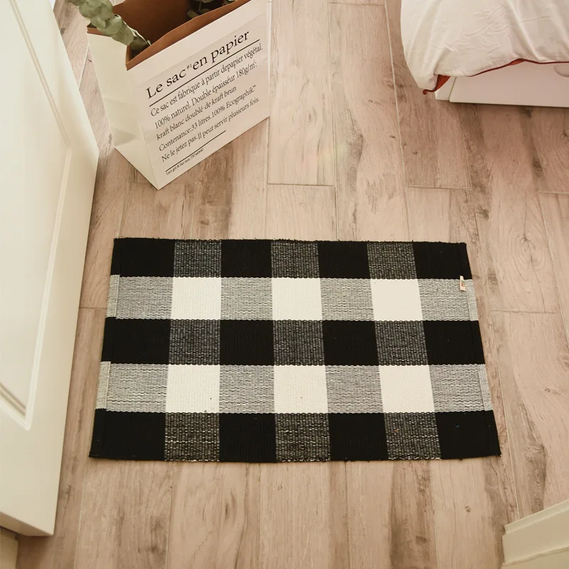 Nordic Literary Art Gray white Plaid Small Area Rug Grid Handmade Cotton Carpet Entry Door Balcony Bedroom Bedside Stripe Mat | Дом и сад