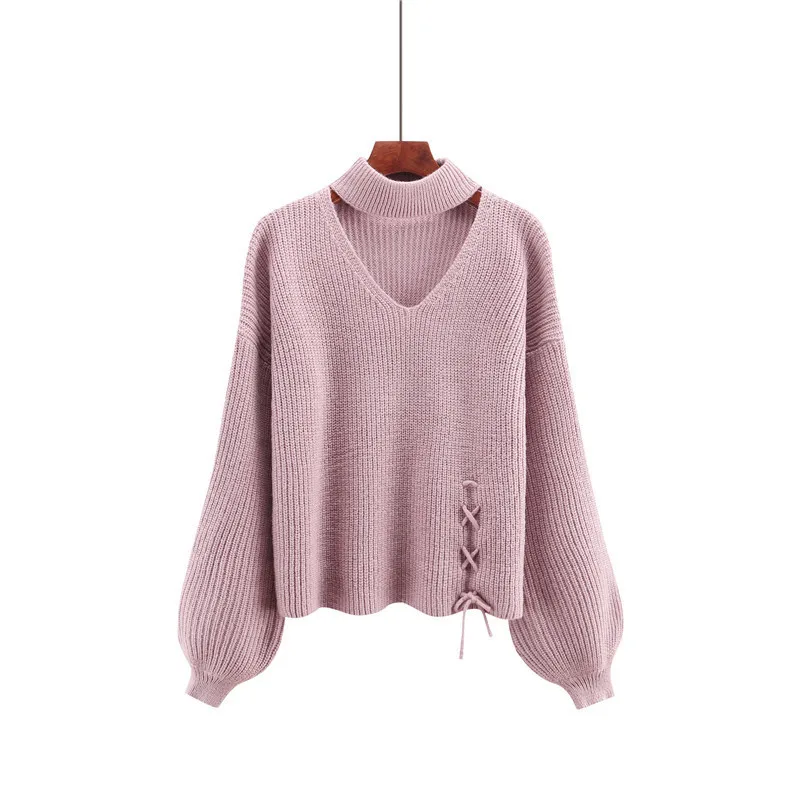 V-neck Woman Autumn Winter Pullovers 2018 Cross Strap Lantern Sleeve Lady Pink Knitted Sweater Cashmere Turtleneck Befree | Женская