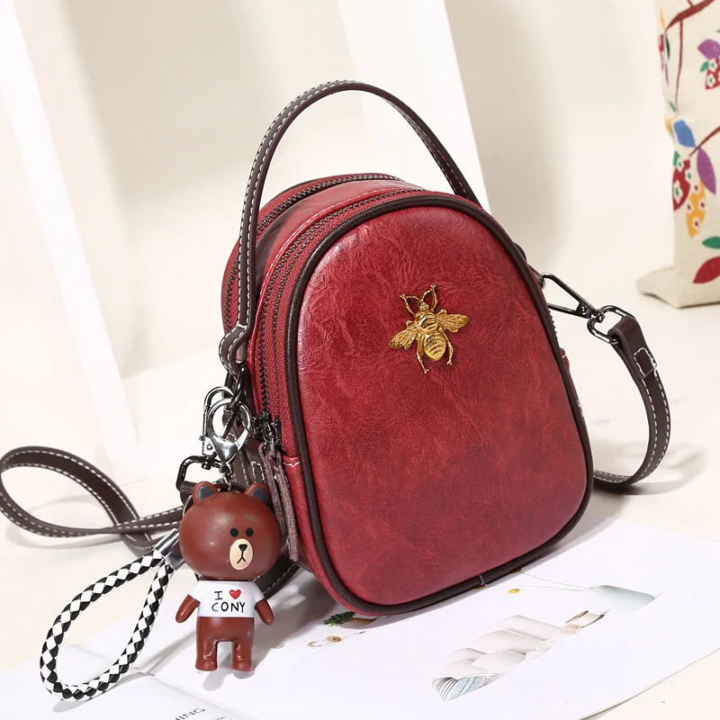 Red Women Bags Genuine Leather Shoulder Bag Crossbody Famous Brand Tote Handbag Cute Small Fashion Shopping Bag with Bear Pendant - Цвет: Red