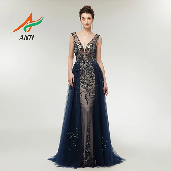 Navy Blue color Анти вечернее платье сексуальный v-образный вырез платье без спинки Роскошный Бисер кристаллами и жемчугом; robe de soiree для Для женщин элегантное женское вечернее платье LM129 - Цвет: Navy Blue color