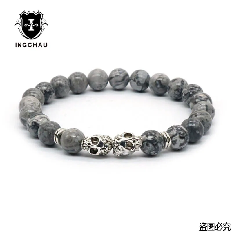 Map Stone Silver Античный Золотой Будда Браслет из головы черепа черный Лава камень скелет бисерные браслеты для мужчин женщин Pulseras Hombre N4-7 - Окраска металла: Map Stone Silver