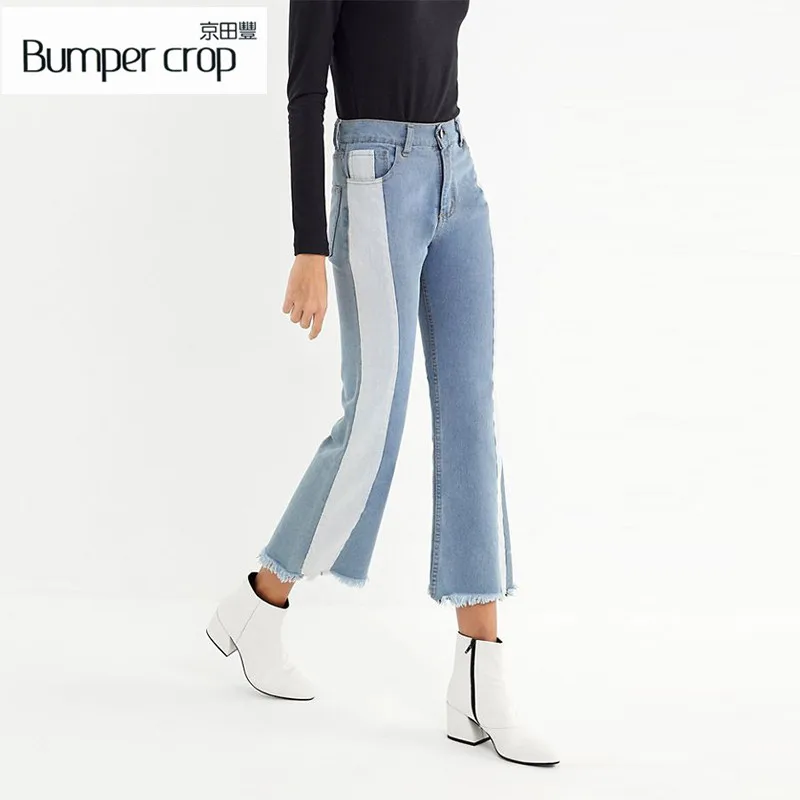 BUMPERCROP сплайсированные расклешенные женские джинсы брюки клеш плюс размер деним