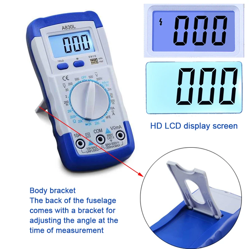 1Pcs A830L LCD Digital Multimeter DC AC Voltage Diode Freguency Multitester Current Tester Luminous Display with Buzzer Function |