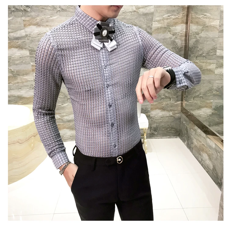 Платье рубашка Для мужчин See Through рубашка модная дизайнерская Повседневная рубашка Slim Fit с длинным рукавом клуб Пром Camisa социальной Masculina