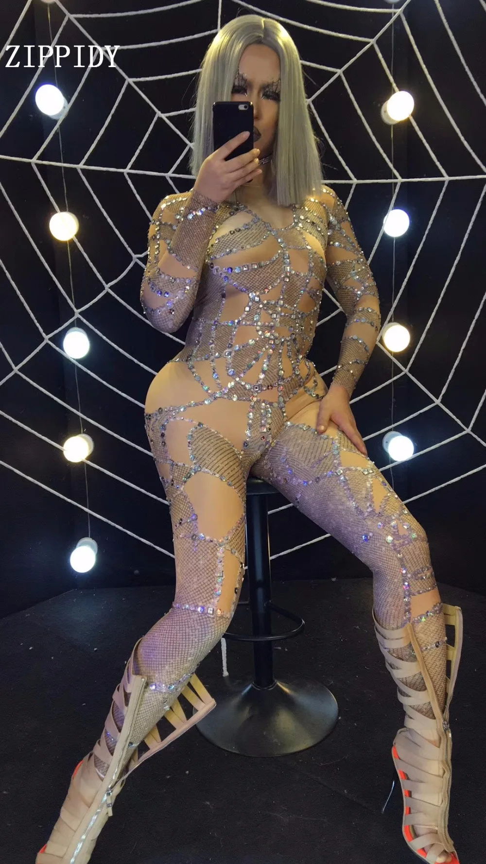 Блестящие Кристаллы Сексуальная Стретч комбинезон Bling камни Леггинсы комбинезон Для женщин костюм ночной клуб Dance производительности Наряд Костюмы