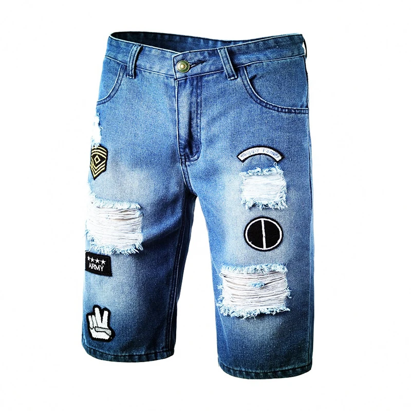 ABOORUN Марка NEW fashion Hi Street Мужская Мода Джинсовые шорты синего цвета с вышивкой рваные джинсовые летние хлопчатобумажные шорты для мужчин x1940