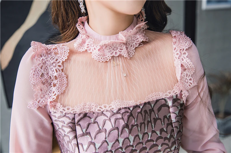 SMTHMA/жаккардовое платье; коллекция года; Vestido; весеннее кружевное винтажное модное розовое платье принцессы в стиле пэчворк с оборками и длинными рукавами