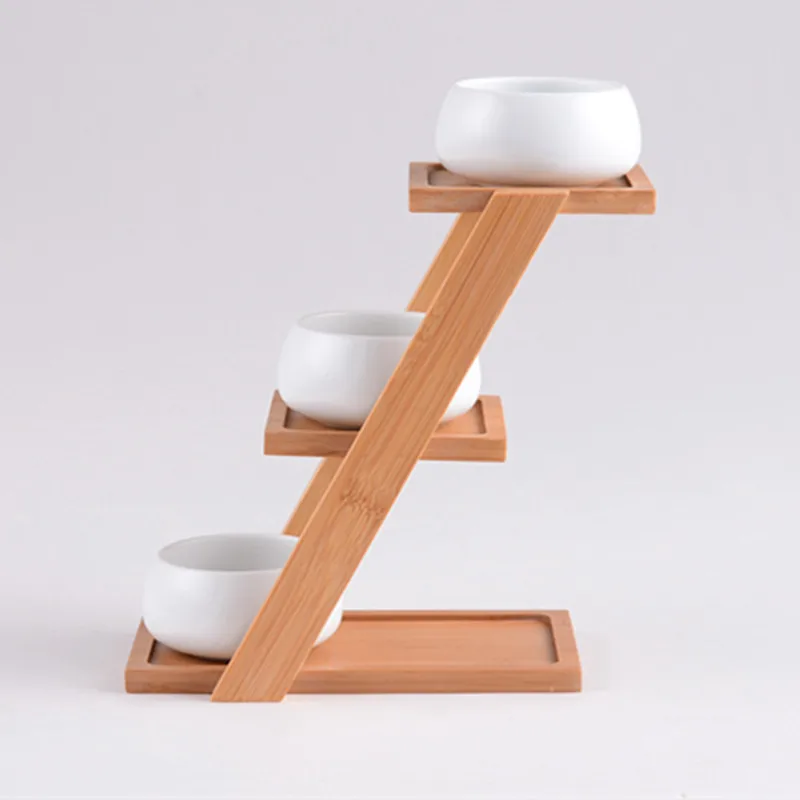 Modern Minimalist White Ceramic Flowerpot Succulent 3 Bonsai Planters Pot with 3-Tier Bamboo Shelf Home Garden Decor | Дом и сад