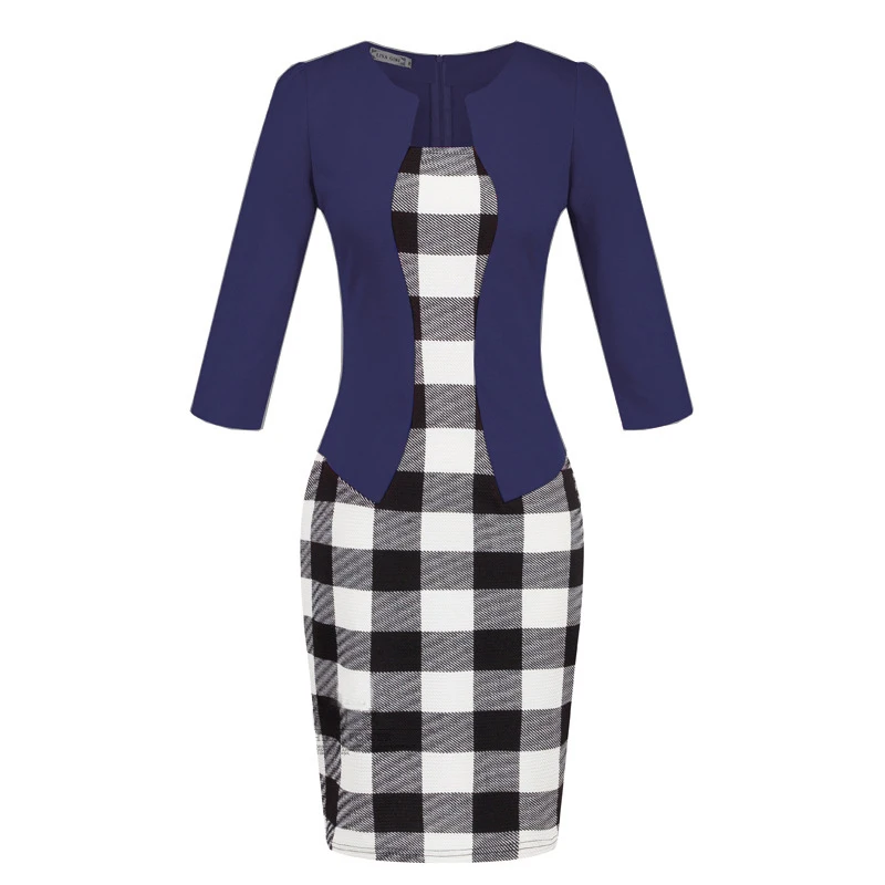 PlaidNavy Европейские платья, новое клетчатое платье с рукавами, поддельная деловая одежда, посылка, платье-карандаш, платье с поясом, vestidos LH708 - Цвет: PlaidNavy