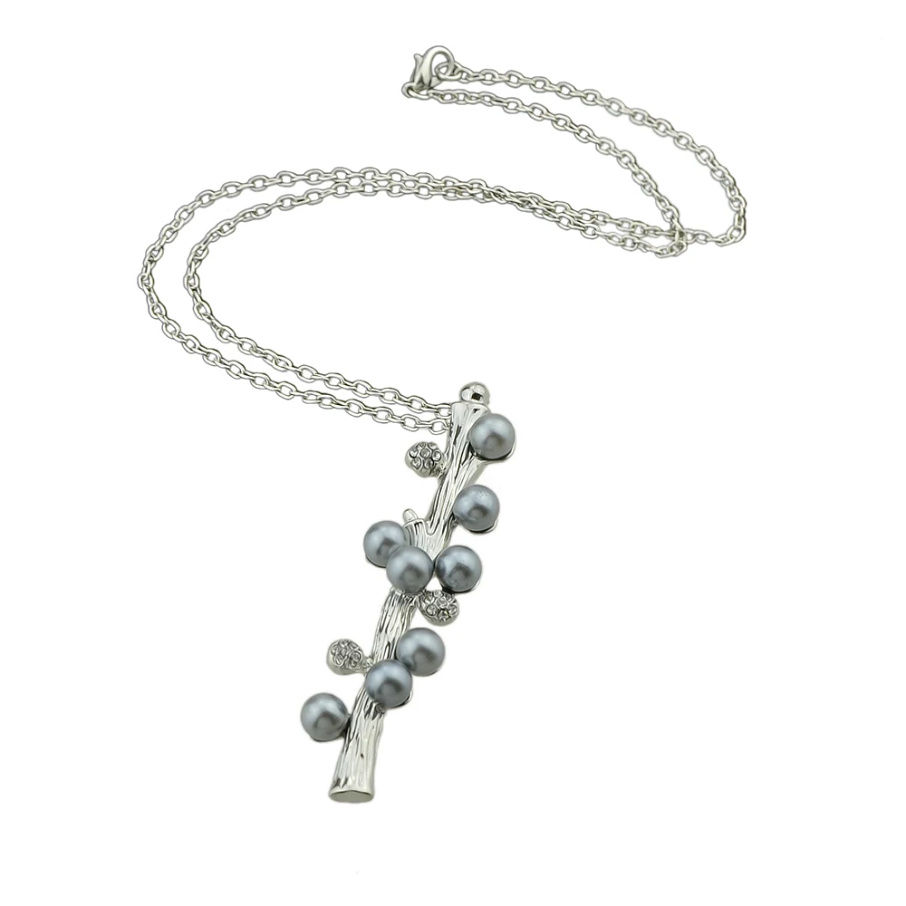 Украшение FANHUA серебристого цвета с длинной цепью, воротником, серыми и белыми подделочными жемчужинами и подвесками в виде узора ствола. Ожерелье для женщин.