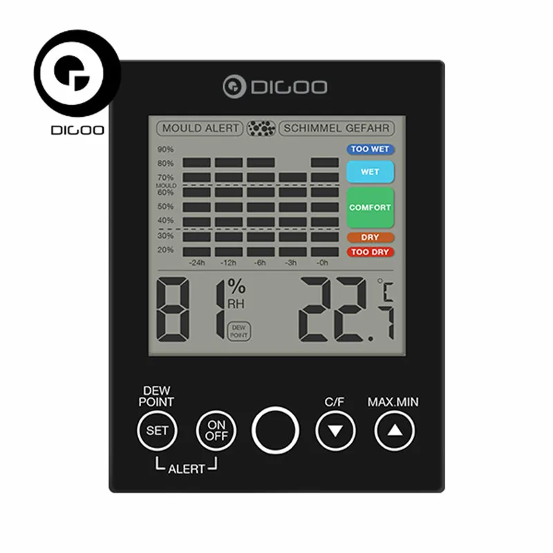 Digoo DG-TH2048 домашний комфорт Крытый светодиодный датчик температуры и влажности Датчик плесень оповещение Gefahr детектор