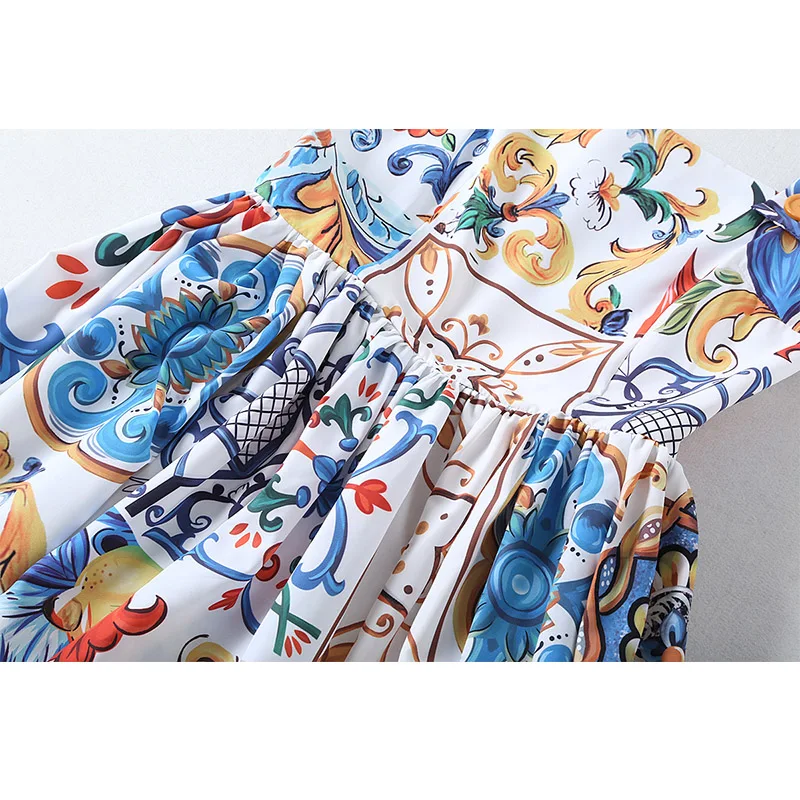 

Women's Dress 201 Spring Autumn New designer Blue White Porcelain Print Straps Halter High Waist Large Swing Ladies Beach Dress