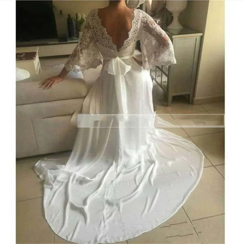 

Bohemian Wedding Dresses Illusion Lace Bridal Gown Backless Long Sleeve Deep V Neck Boho Chiffon Plus Size Beach Bridal Dress