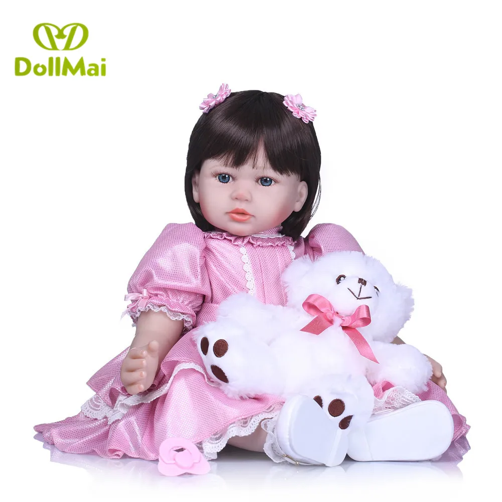 24'' 58cm Silicone Vinyl Reborn Baby Girl Realistic Alive Newborn Babies Doll Toddler For kids Xmas Gifts with bear | Игрушки и