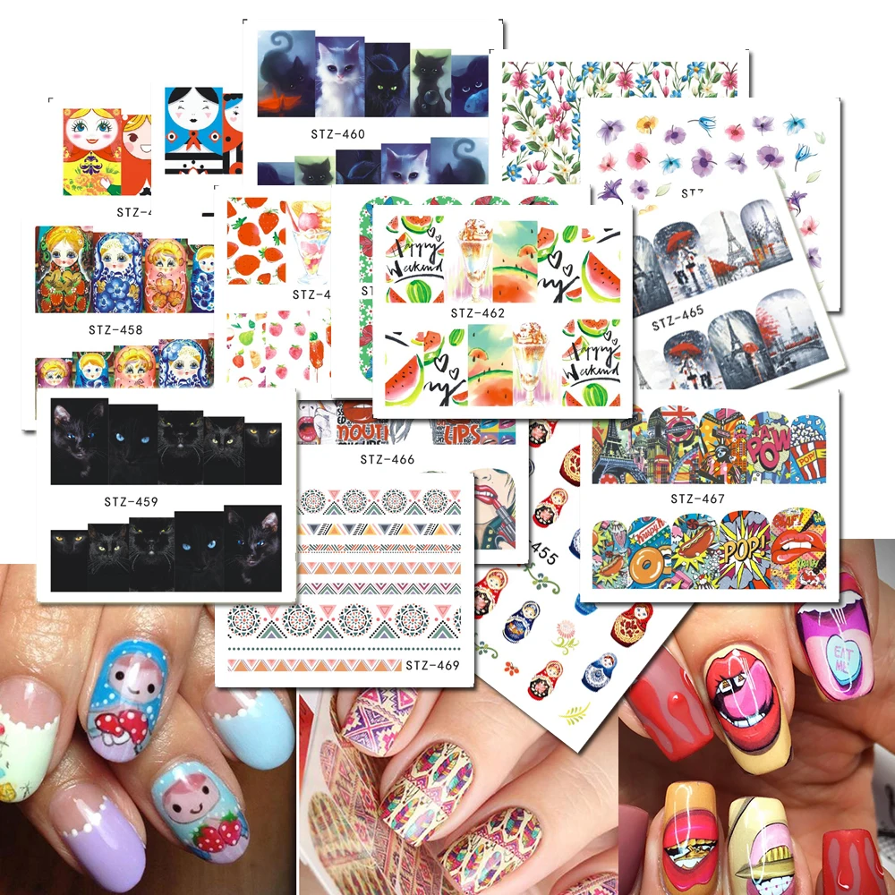 15 листов наклейки для ногтей с изображением кошки/русской куклы/фруктов