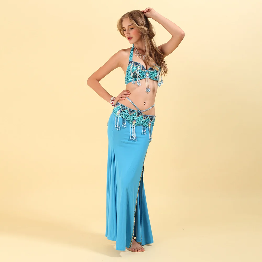 2018 Professional Dance Wear Belly Clothes 3 pcs Beaded Bra Belt Skirt Set Women Oriental Costumes | Тематическая одежда и