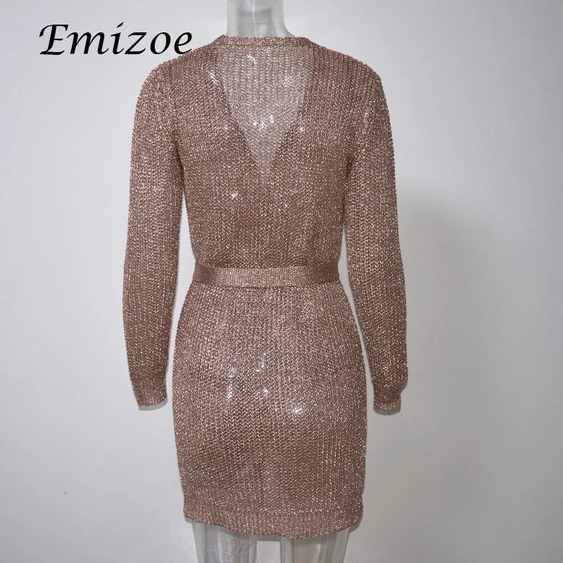 Женское трикотажное платье Emizoe клубное мини с длинным рукавом и бантом|knitted dresses