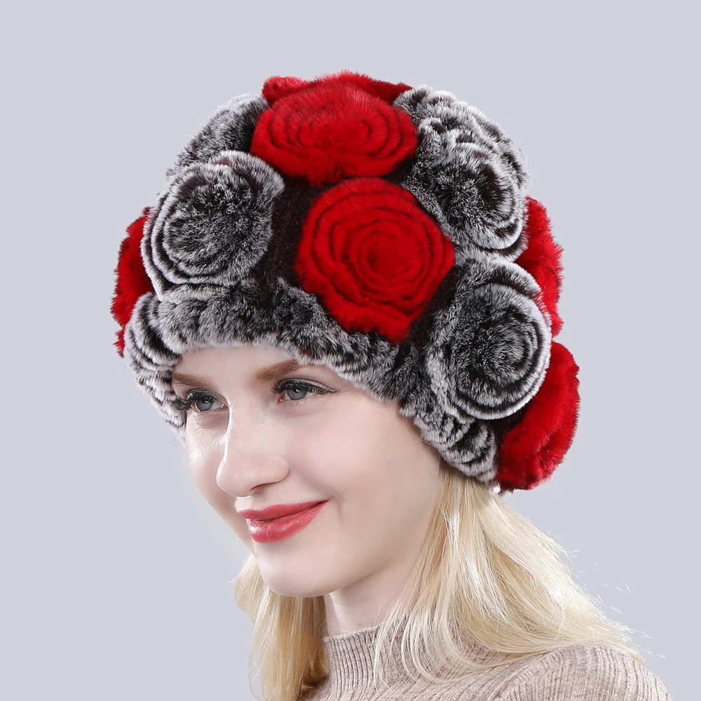 Новинка, женские вязаные шапки с цветочным рисунком, натуральный мех кролика Рекс, шапки, зимние женские шапки с натуральным мехом, Хорошие эластичные шапки из натурального меха