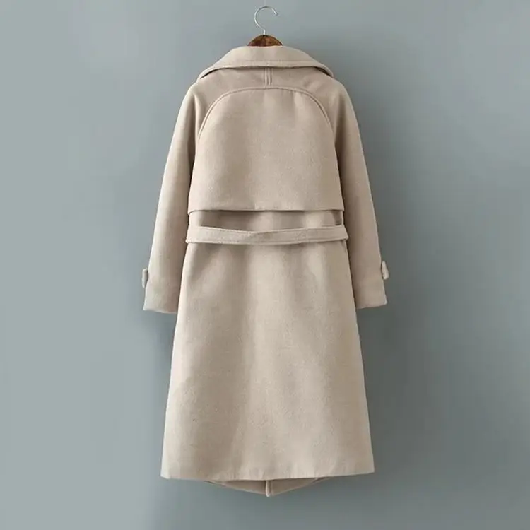 Новинка Свободное длинное шерстяное пальто Женское с поясом и отложным