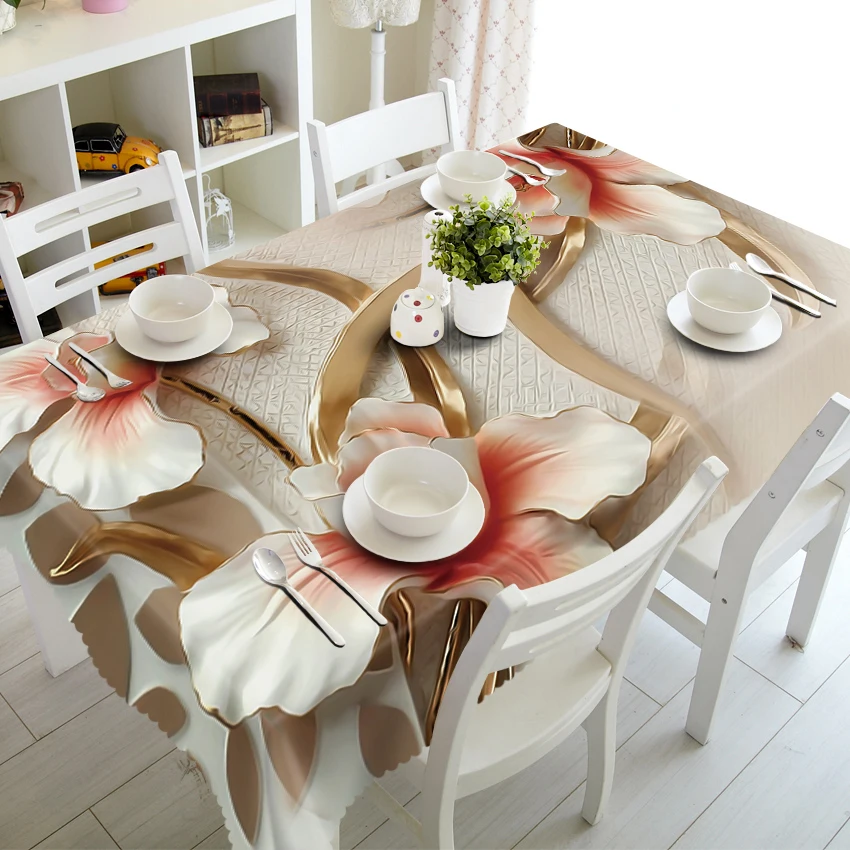 

3d Pink Trumpet Flowers Pattern Tablecloth European Thicken Polyester Cotton Rectangular&Round Table cloth for Wedding Banquet