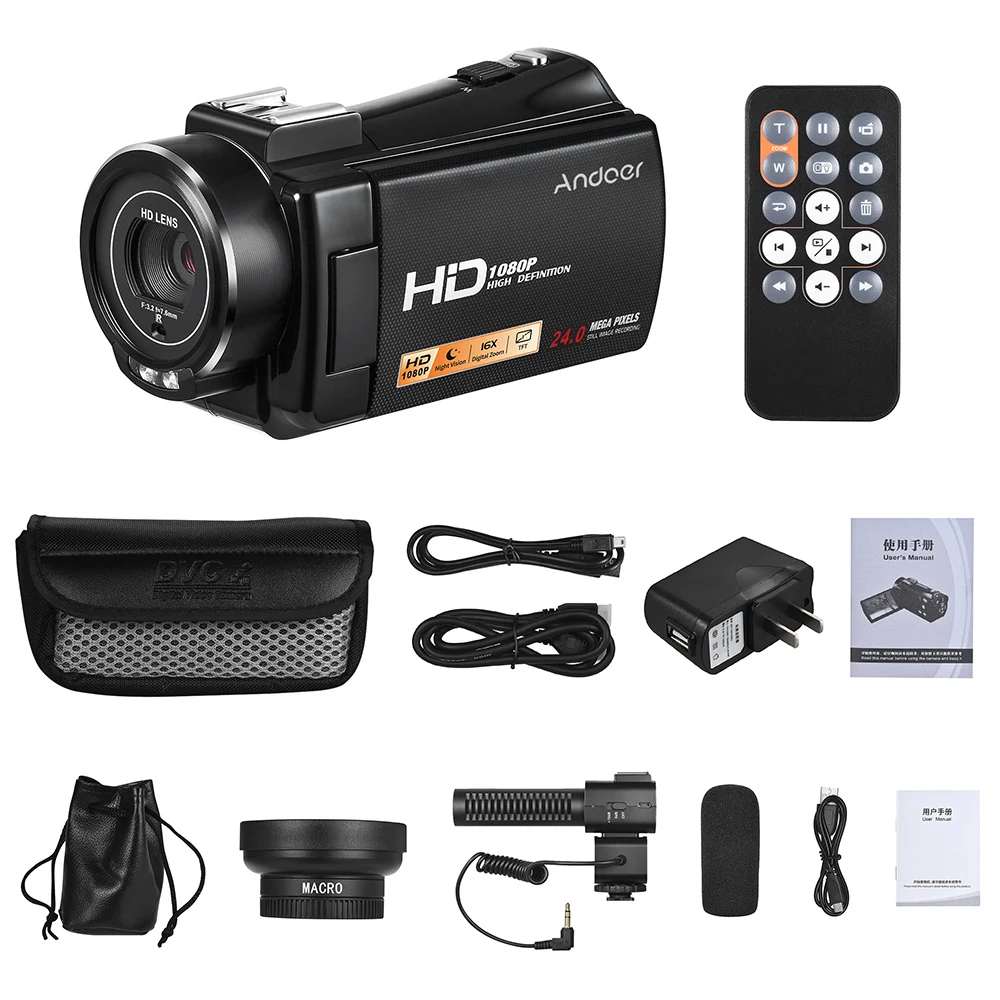 Andoer Цифровая видеокамера Fotografica 1080P Full HD 24MP портативный + внешний микрофон 0.45X