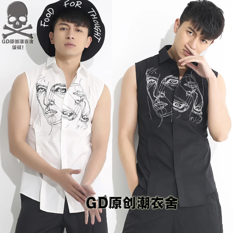 Летняя мода печать рубашка без рукавов мужская Тонкая Корейская волосяная
